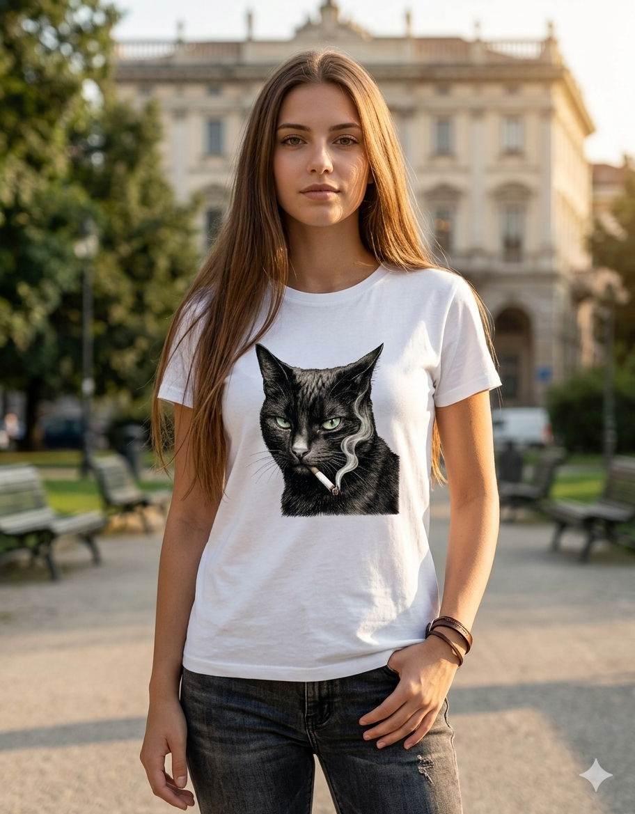 T-shirt cotone con stampa Gatto con sigaretta