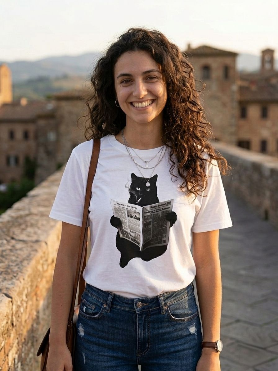 T-shirt cotone con stampa gatto sigaretta giornale