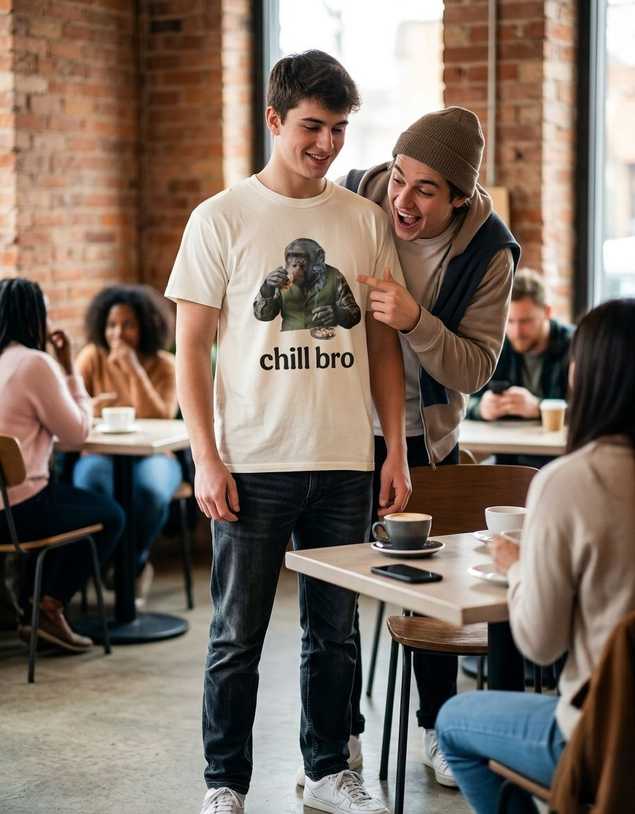 T-shirt cotone con grafica di uno scimpanzè che fuma una sigaretta e beve whisky