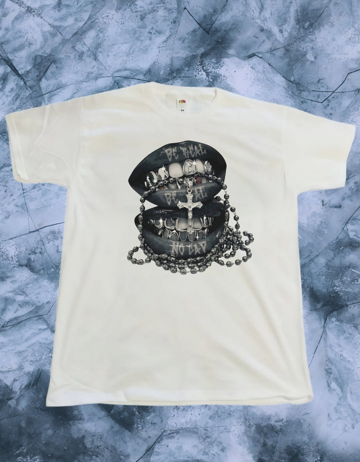 T-shirt cotone unisex con bocche b/n e rosario