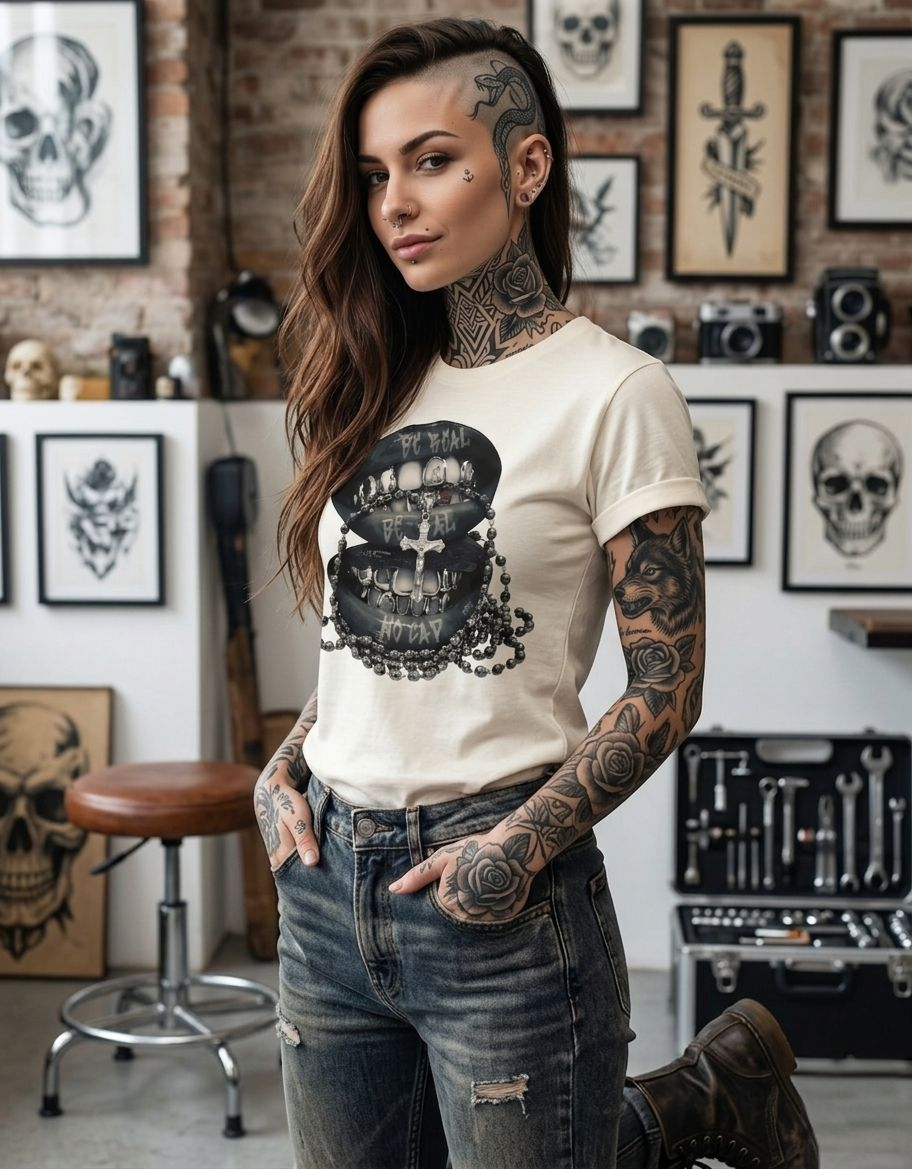 T-shirt cotone unisex con bocche b/n e rosario