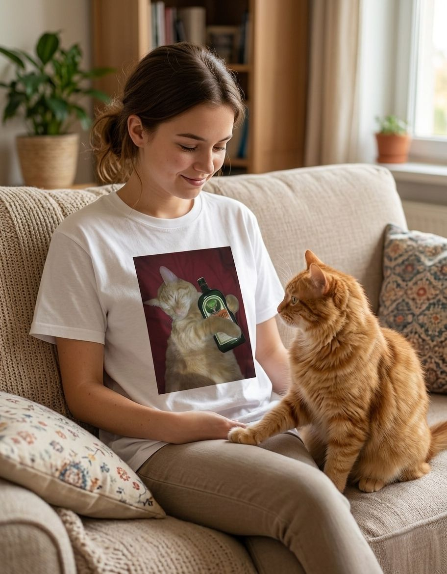 T-shirt unisex cotone con stampa divertente Gatto jägermeister