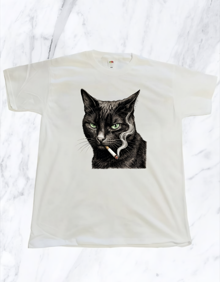 T-shirt cotone con stampa Gatto con sigaretta