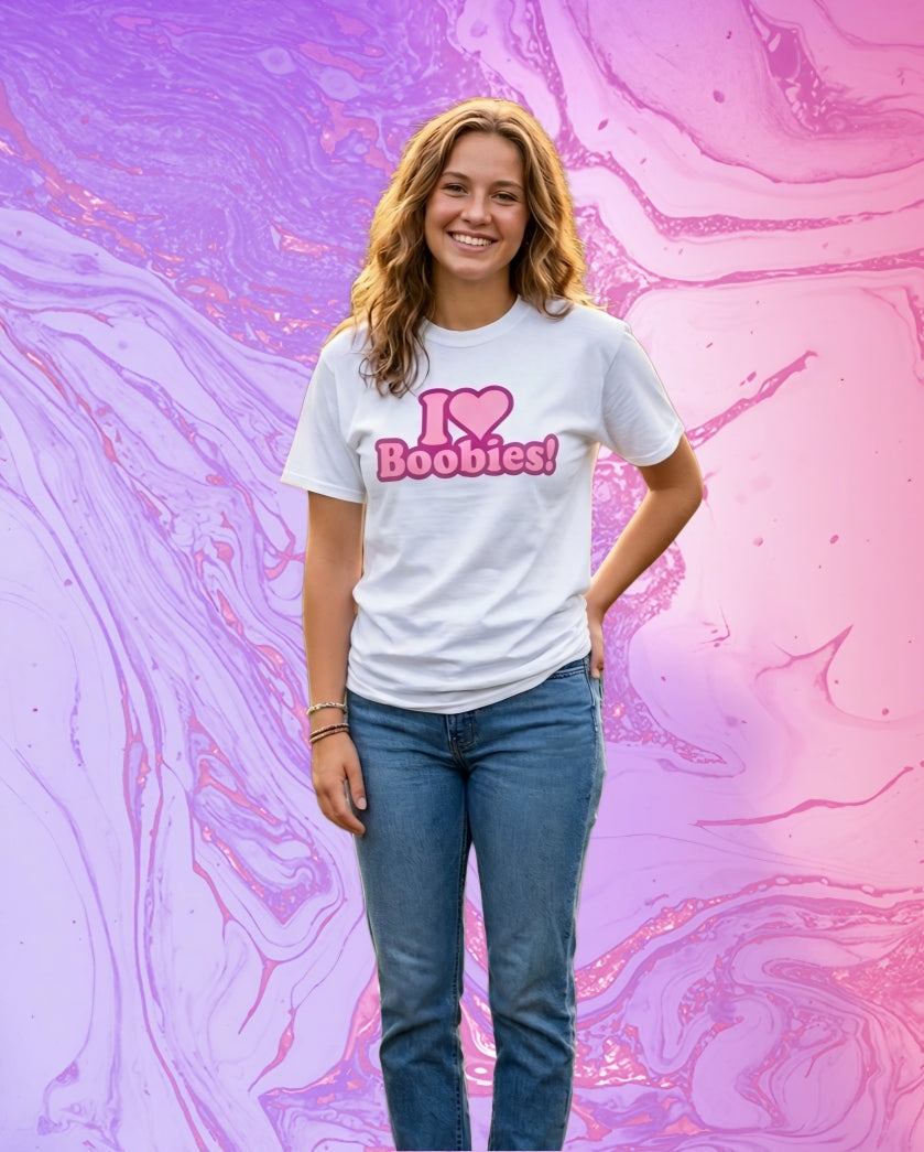 T-shirt cotone con scritta I love boobies