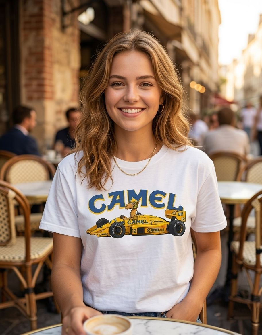 T-shirt unisex fantasia Camel stile formula uno con cammello