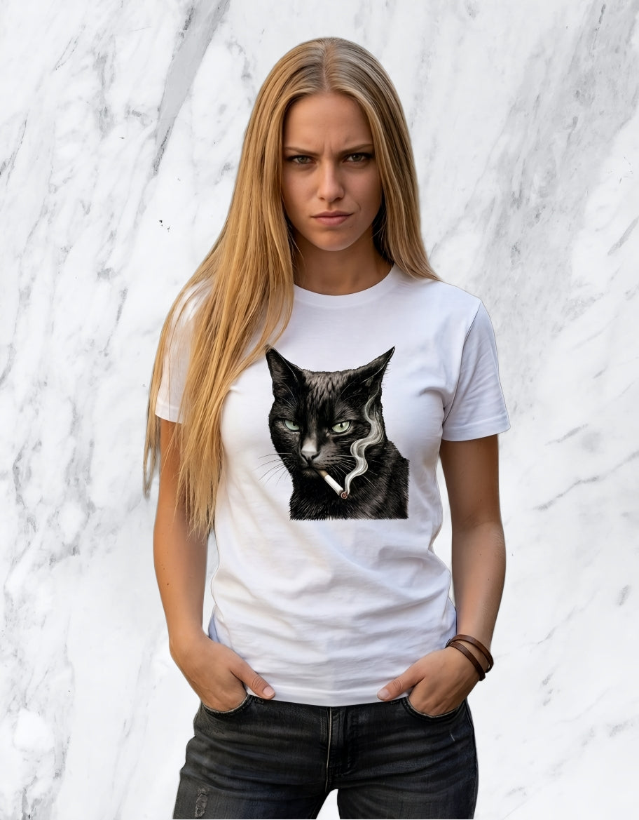 T-shirt cotone con stampa Gatto con sigaretta