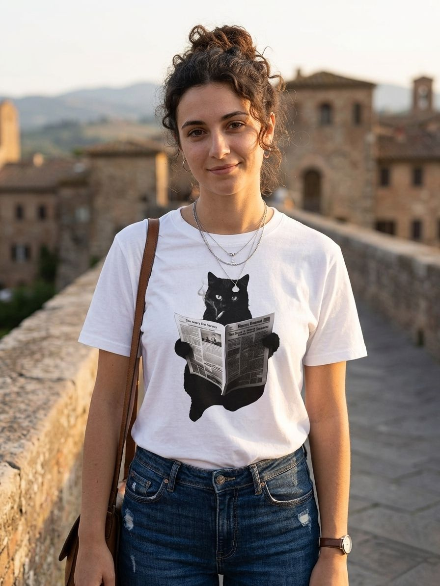 T-shirt cotone con stampa gatto sigaretta giornale