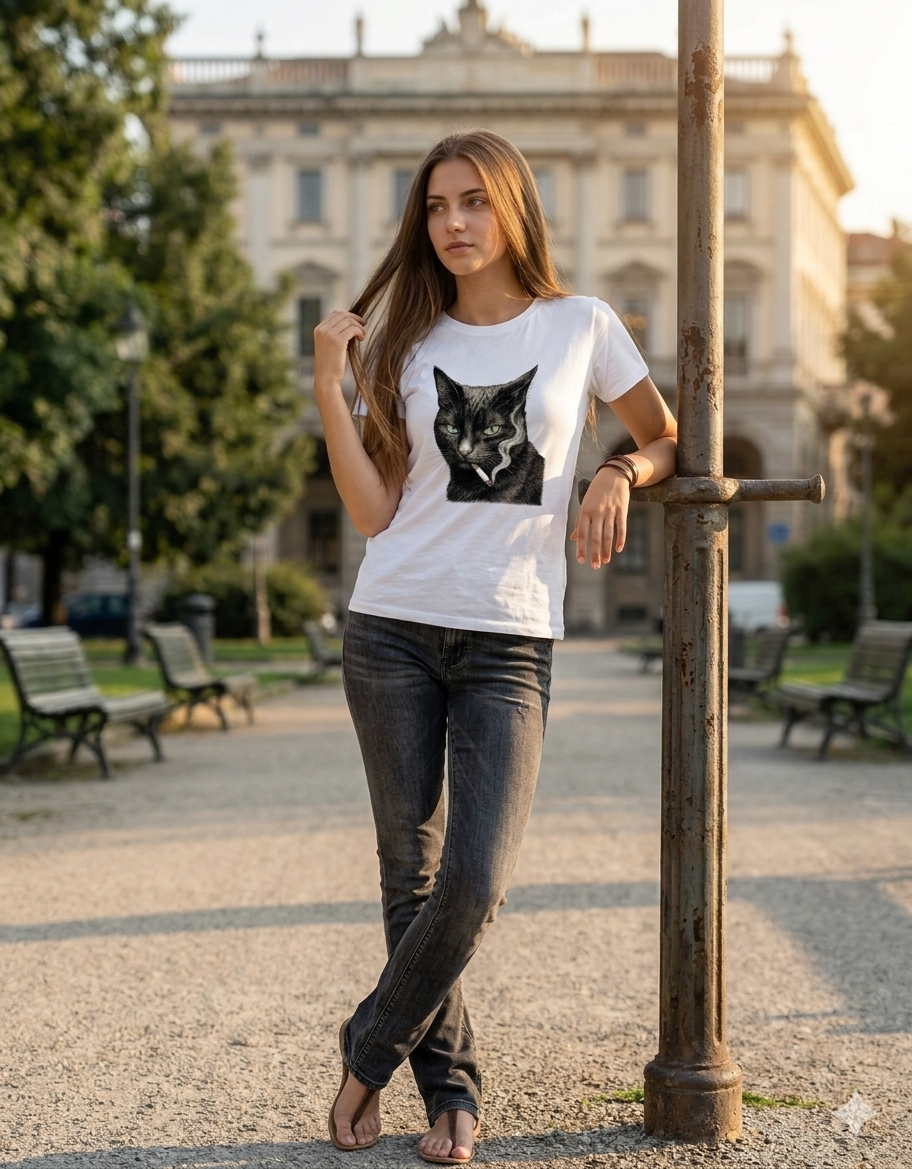 T-shirt cotone con stampa Gatto con sigaretta