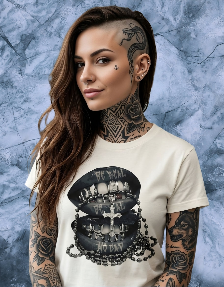 T-shirt cotone unisex con bocche b/n e rosario