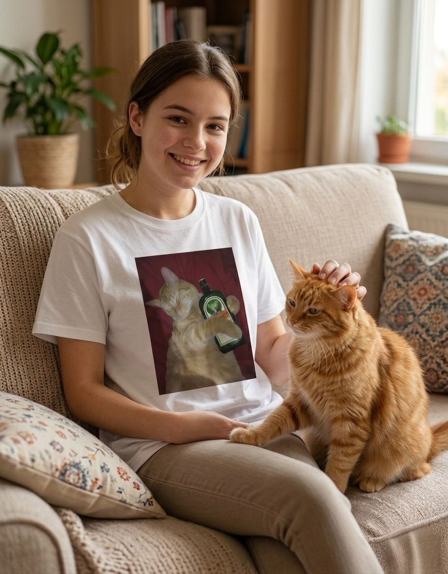 T-shirt unisex cotone con stampa divertente Gatto jägermeister